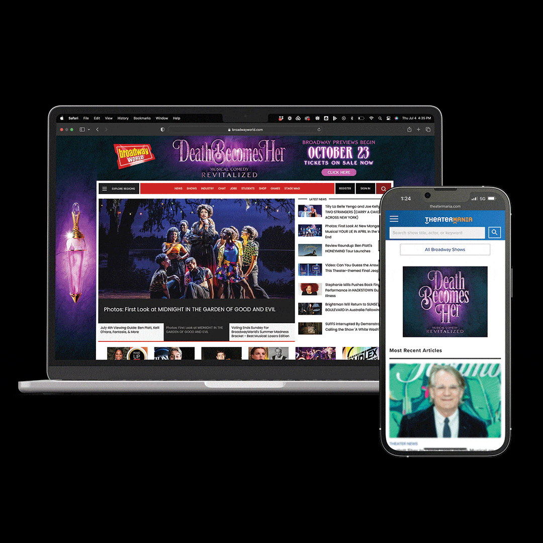 Digital banners on computer and mobile promoting the musical Death Becomes Her.