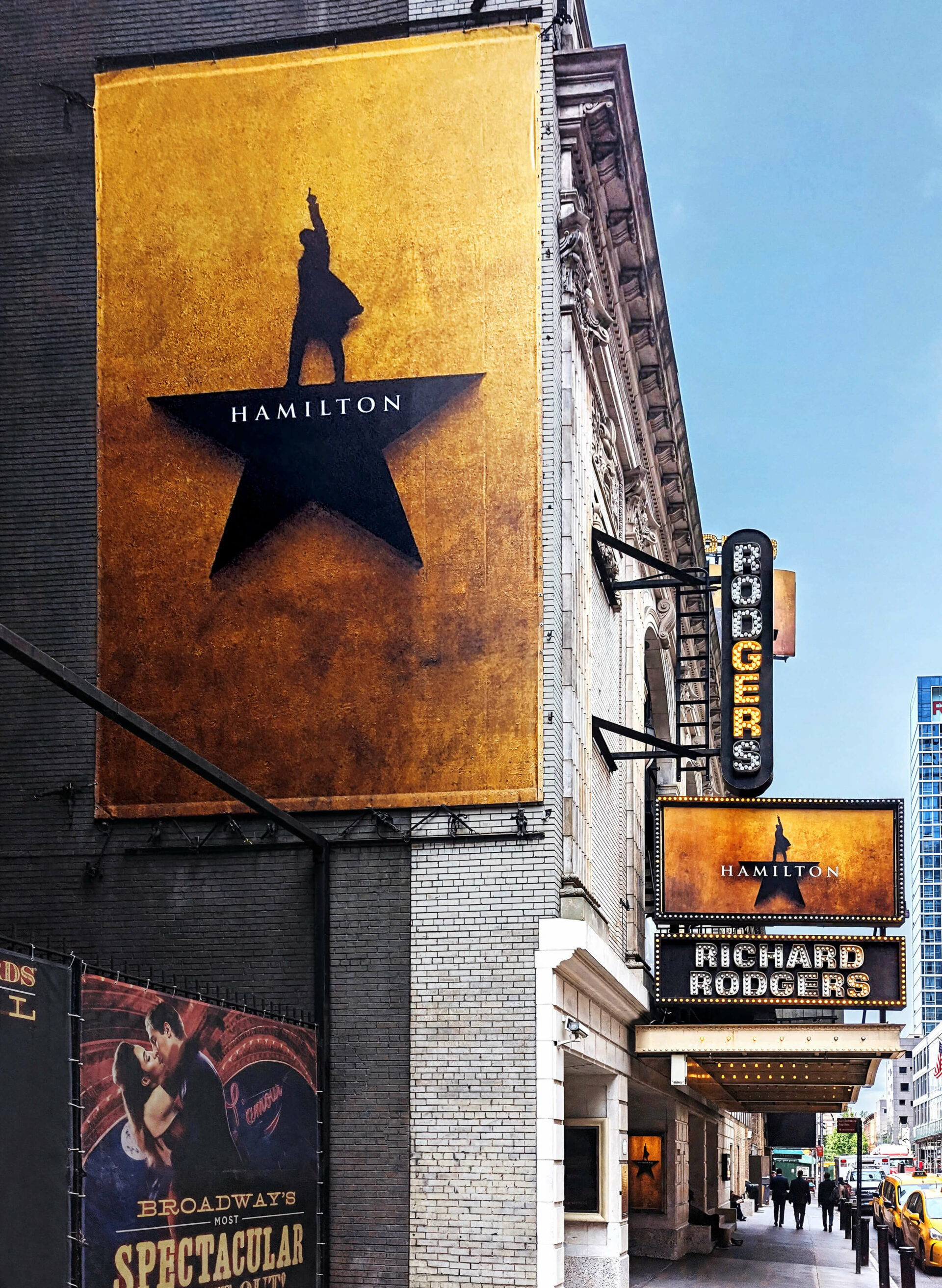 Richard Rodgers Theatre in New York with signs for the musical Hamilton.