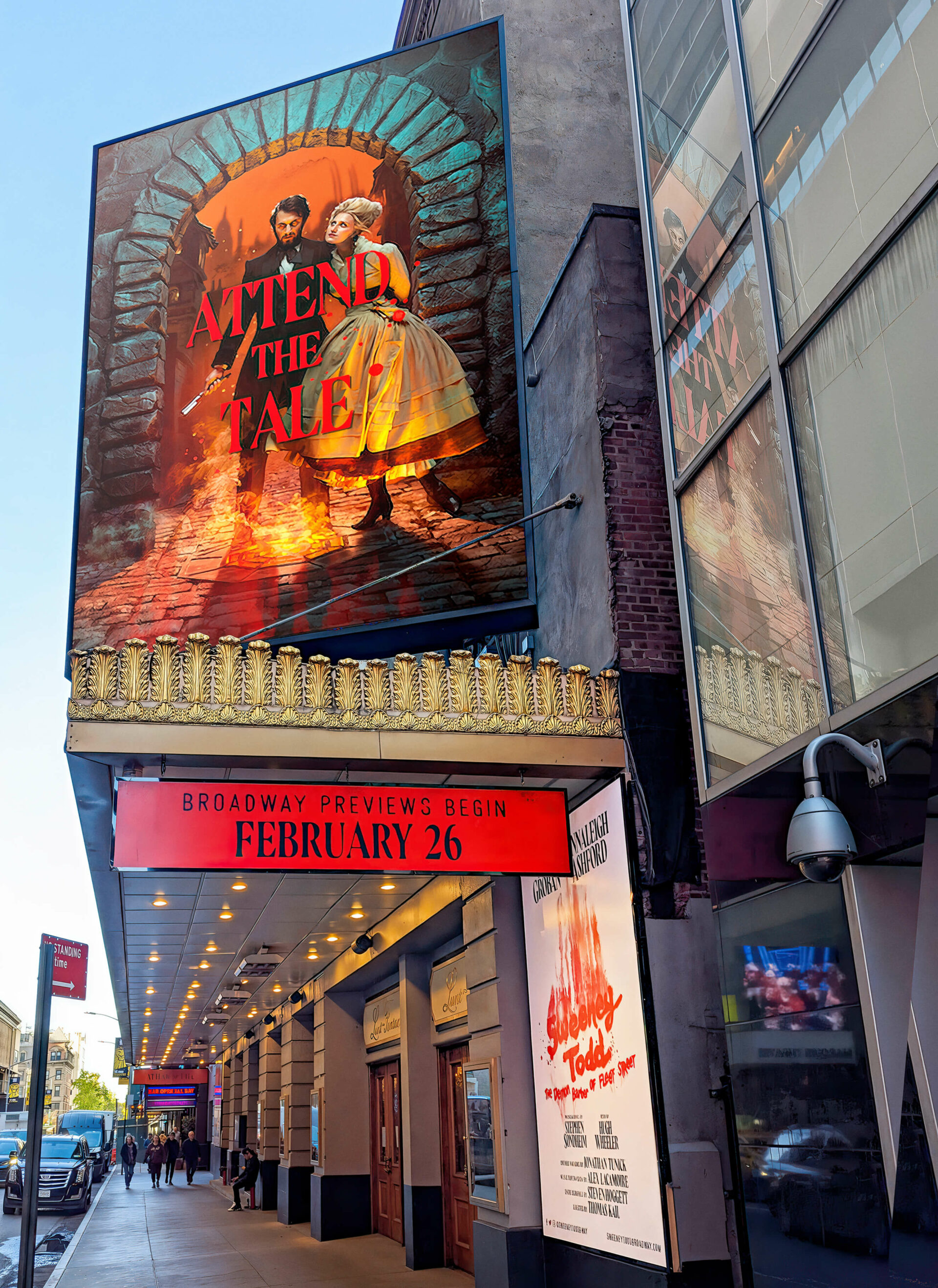 Large billboard of the Sweeney Todd musical displayed on a Broadway theater façade.