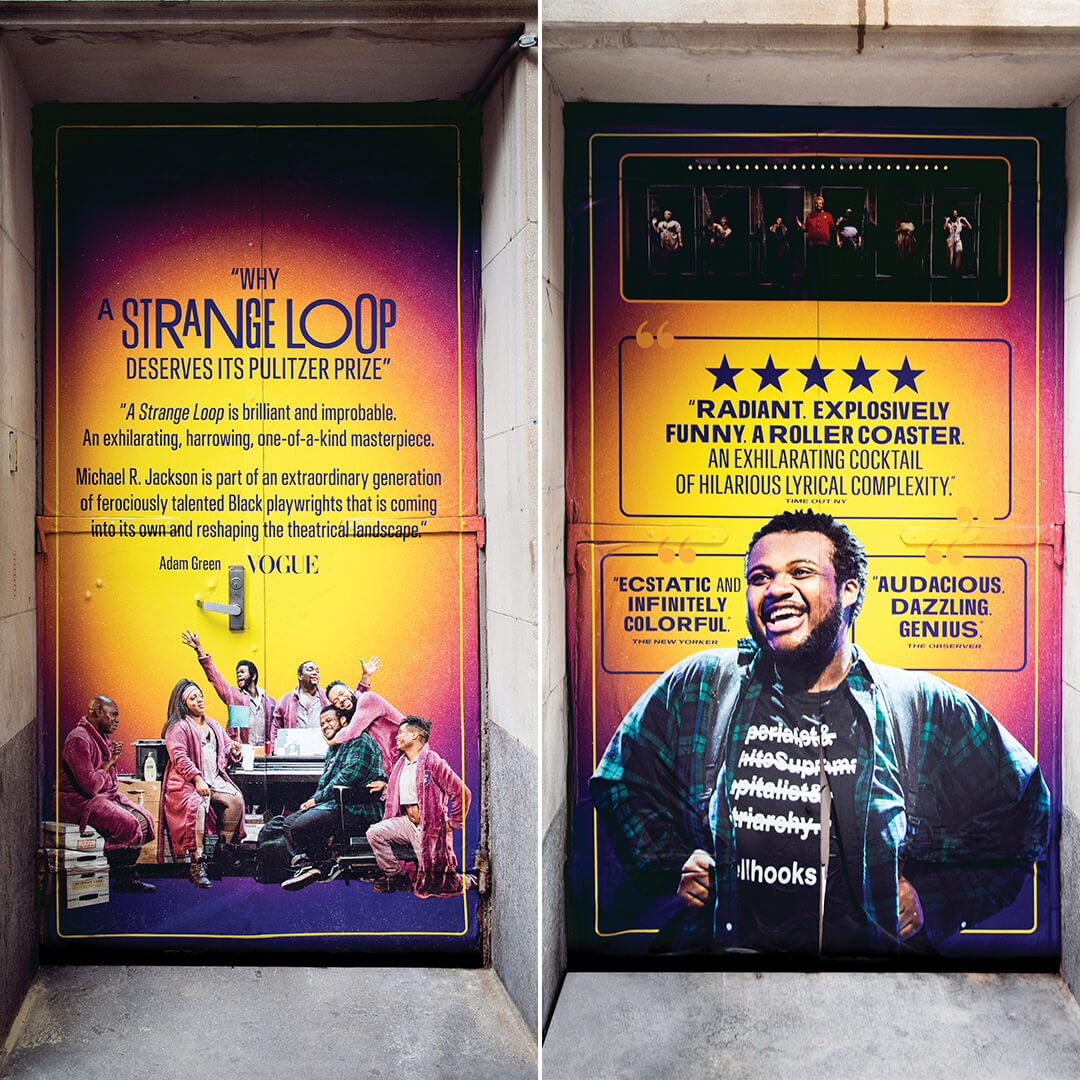 Theater entrance featuring posters and quotes promoting A Strange Loop.