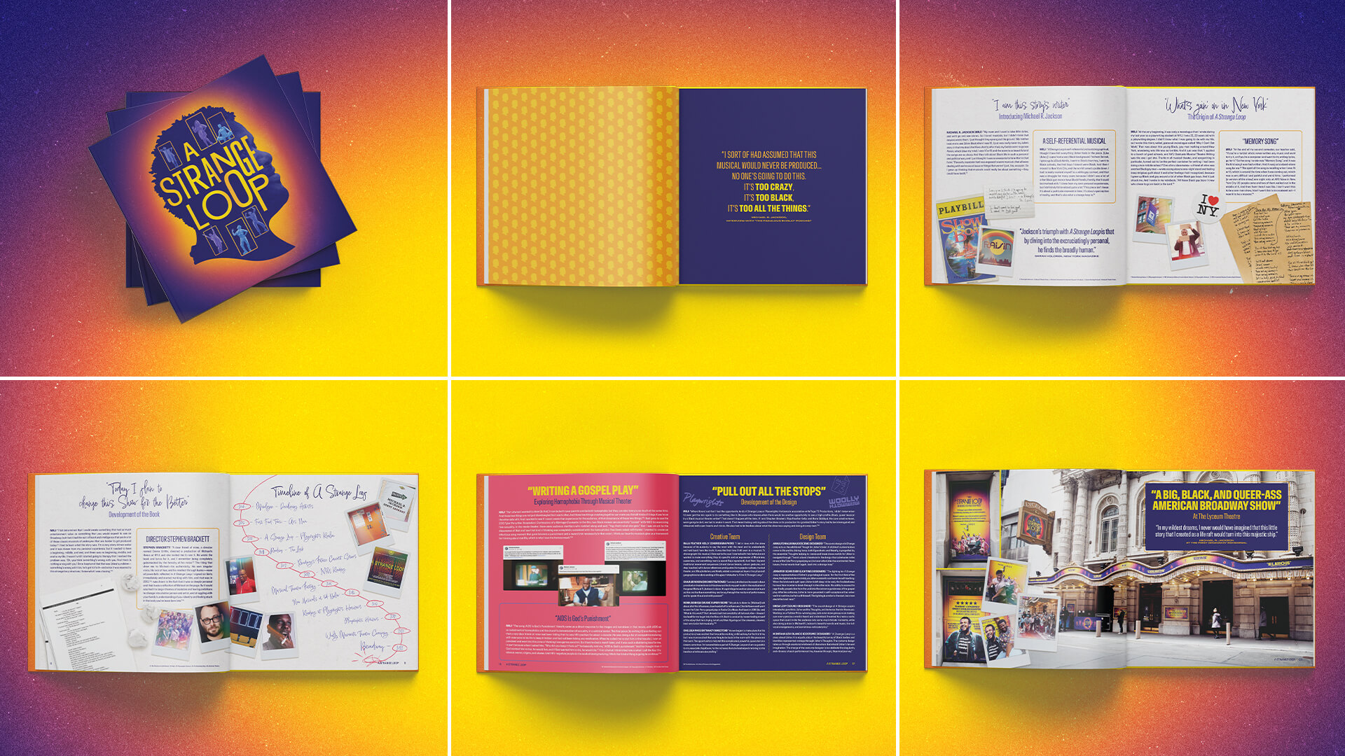 Open pages of A Strange Loop booklet with production notes and insights.