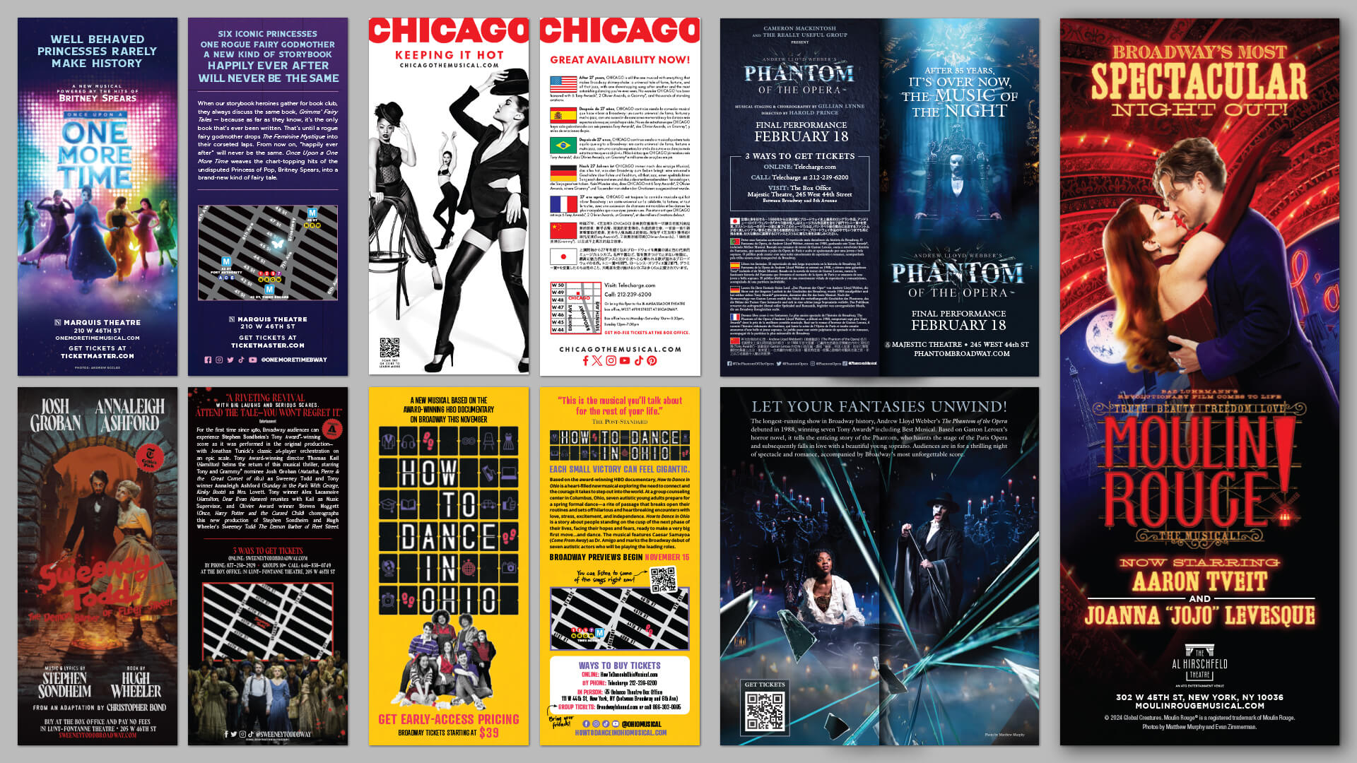 Collection of Broadway musical posters, including Moulin Rouge and Chicago among others.
