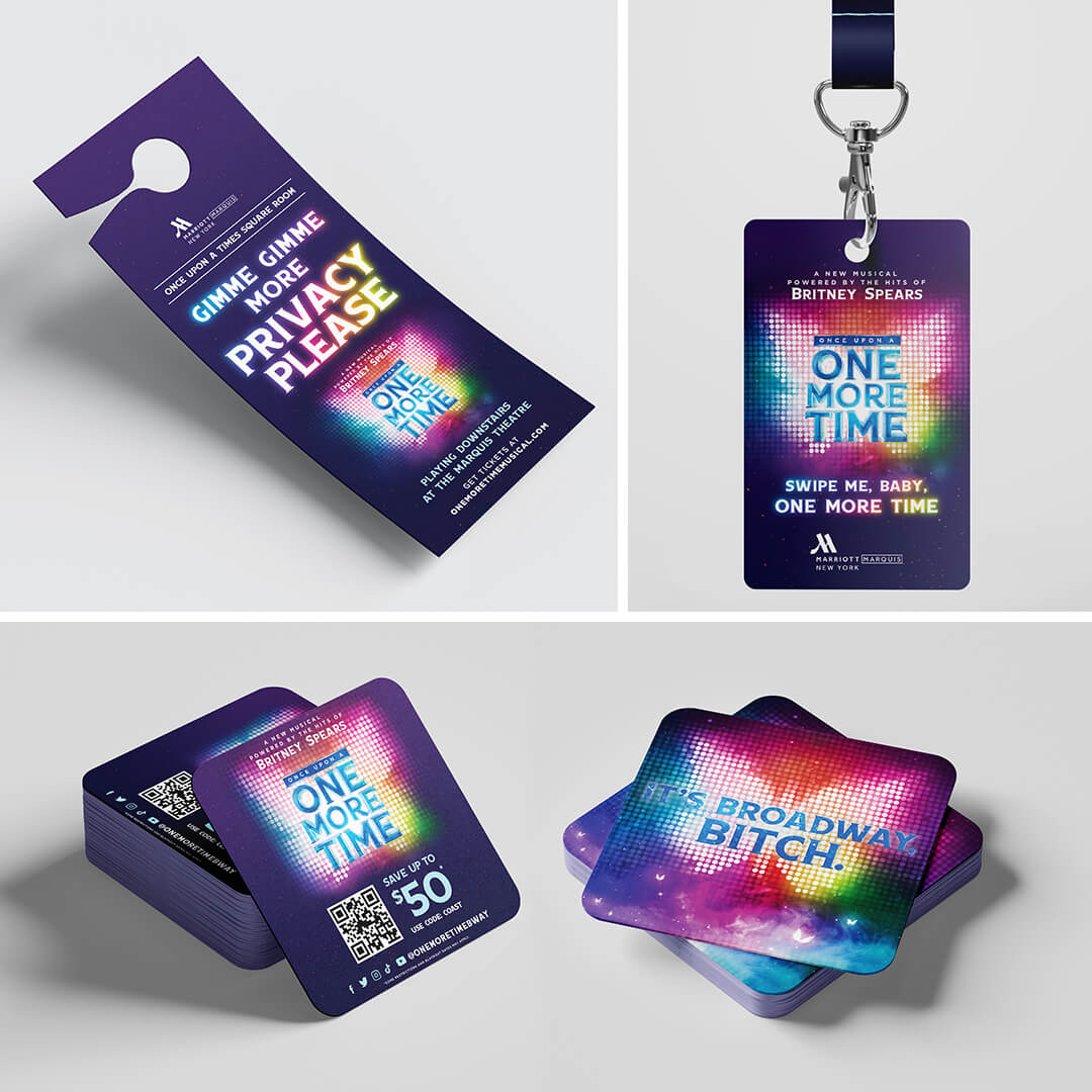 Promotional goodies for One More Time, including access card, door hanger, and custom coasters.