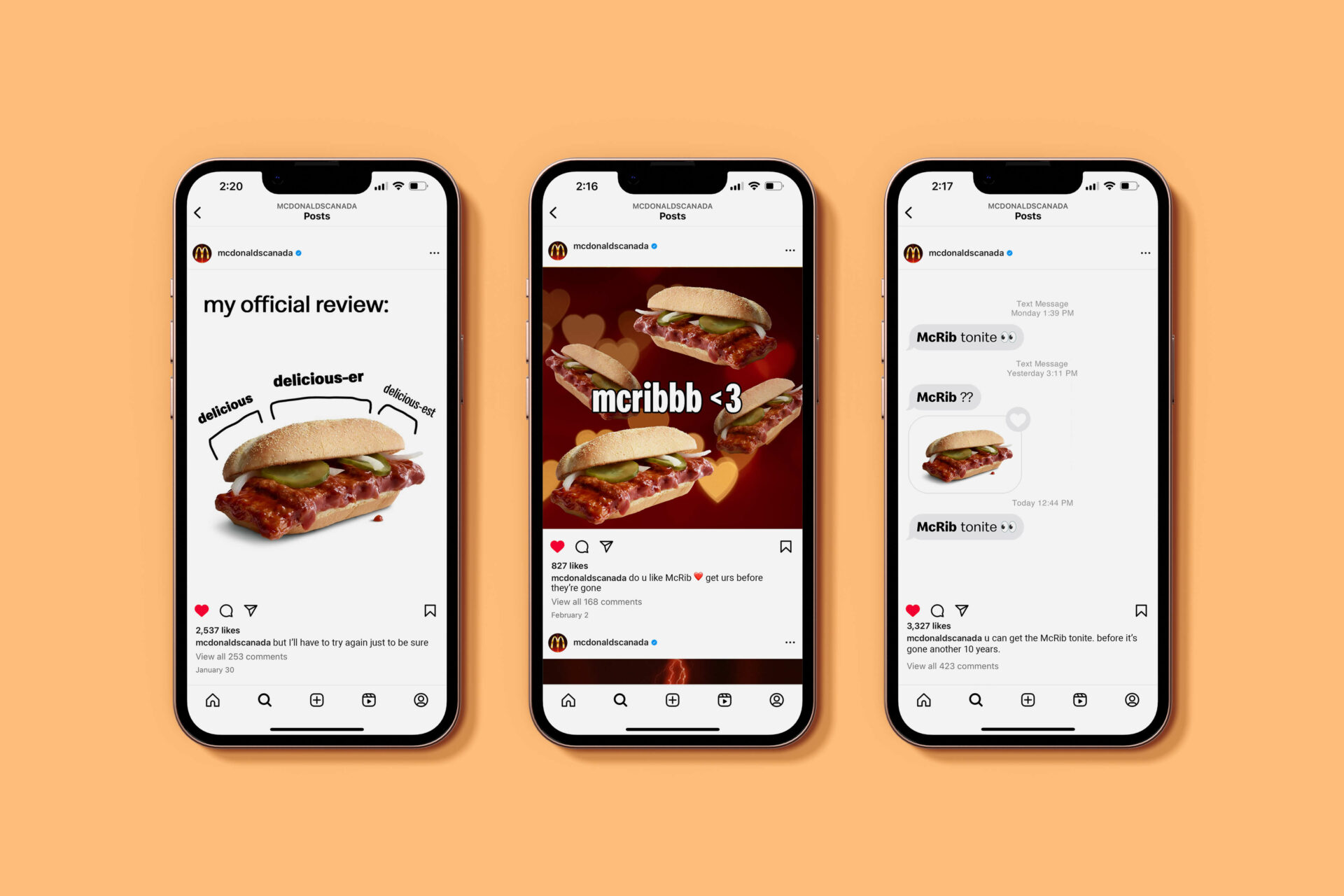 Instagram posts promoting the return of the McDonald’s McRib sandwich.