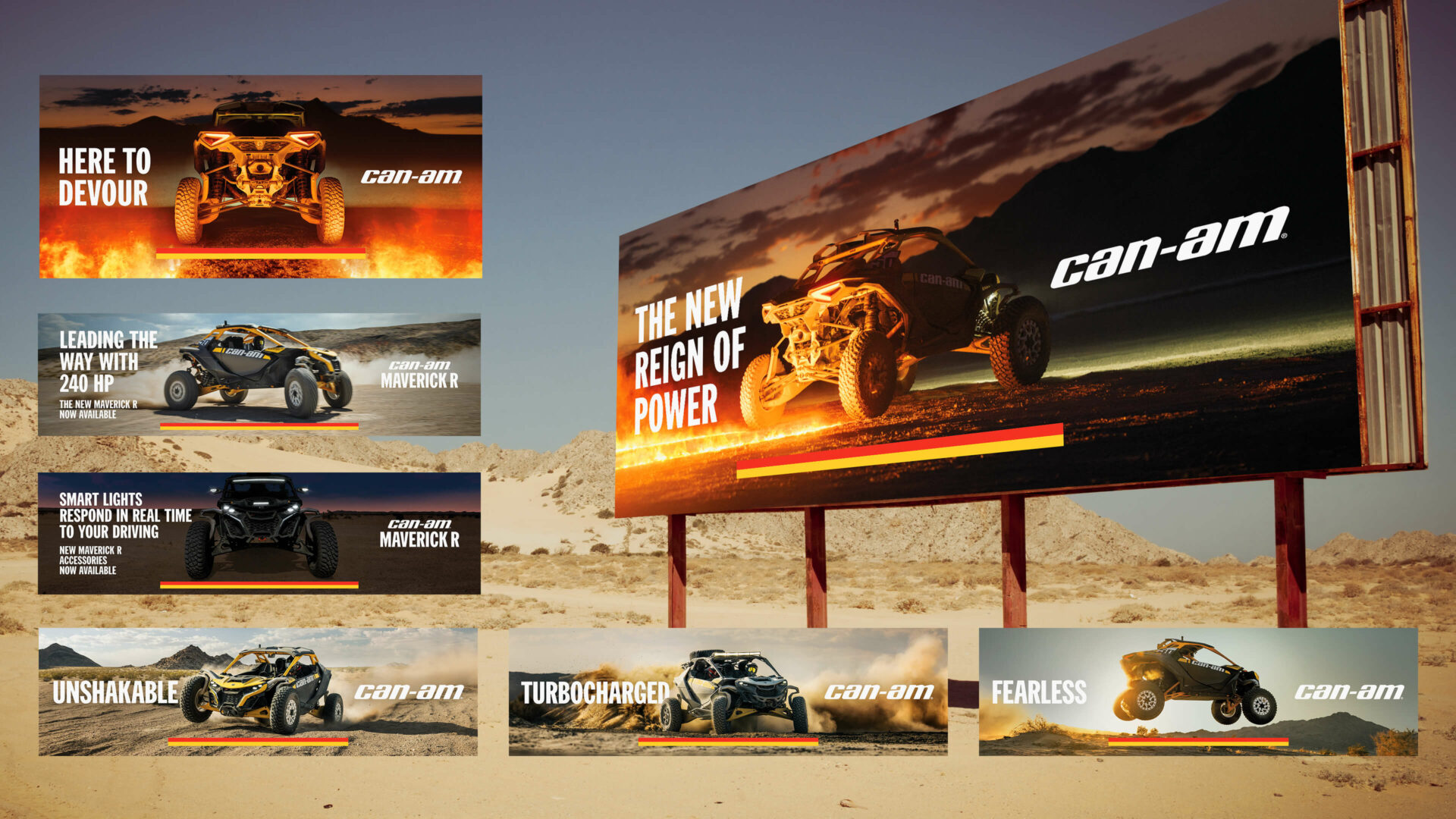 Can-Am of road billboard in a desert landscape with multiple visual variations of the 2024 campaign
