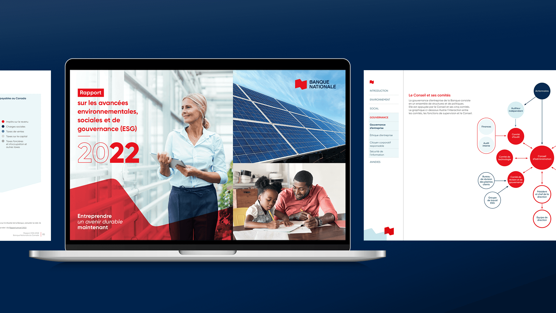 Rapport ESG 2022 de la Banque Nationale, présentée sur un ordinateur portable.