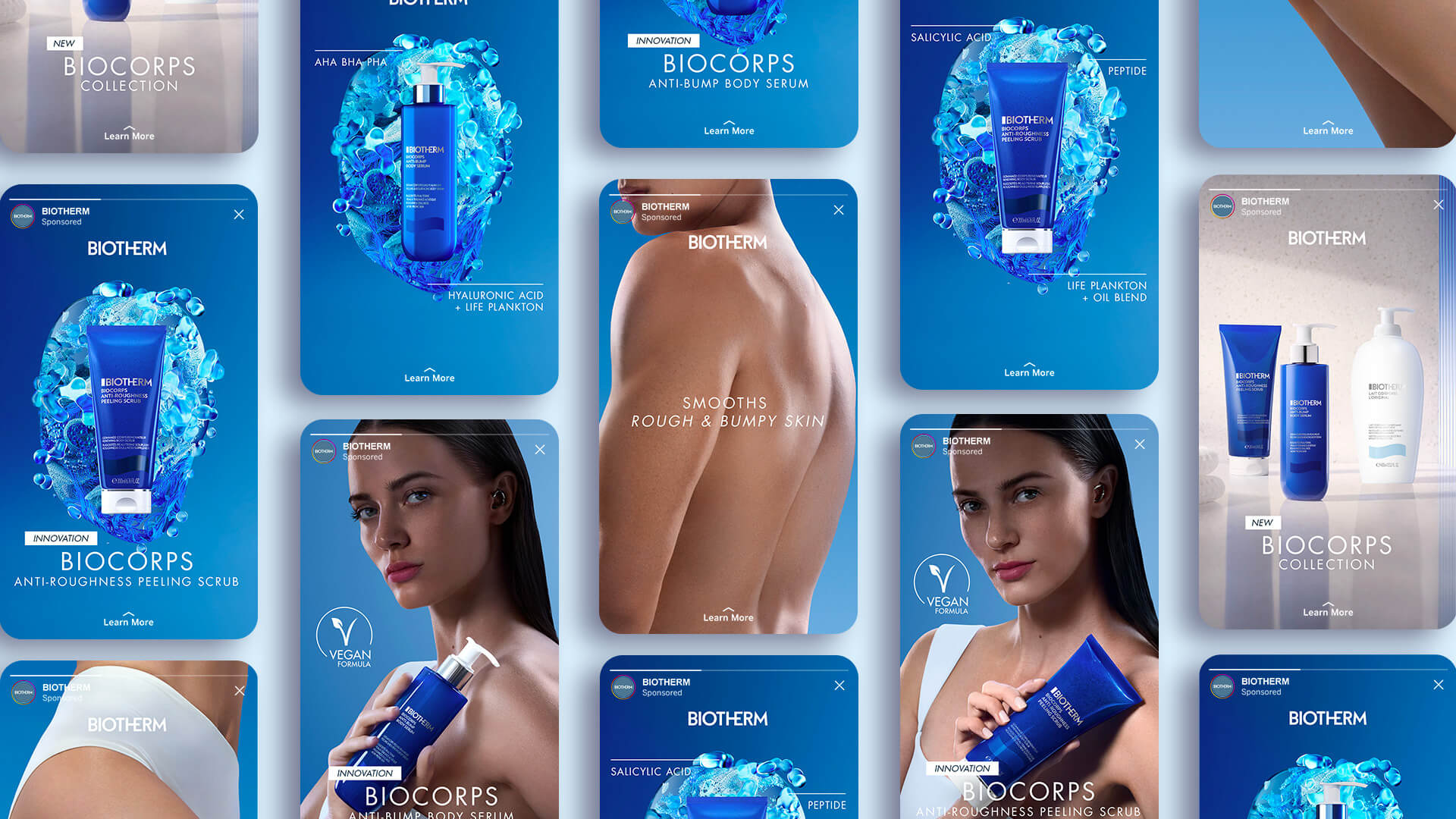 Mosaïque de stories Biocorps L’Oréal Canada pour réseaux sociaux, présentant produits de soin et campagnes promotionnelles